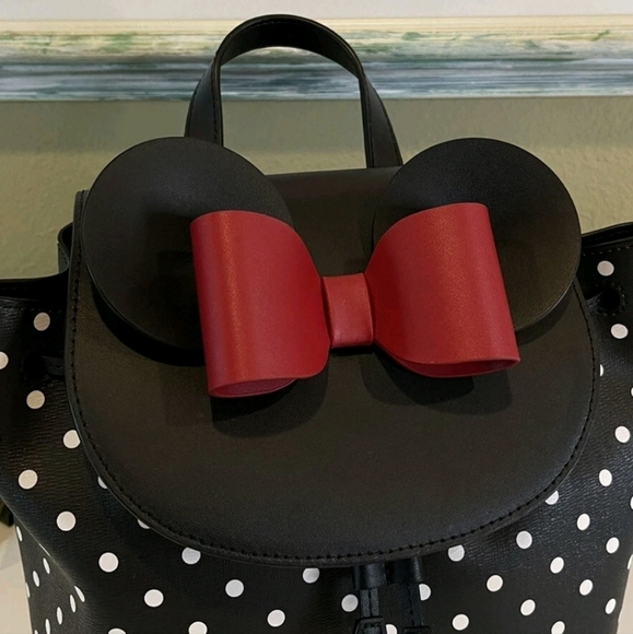 KATE SPADE DISNEY MINNIE MOUSE BACKPACK BLACK WHITE POLKA DOT LEATHER RED BOW - Picture 5 of 9